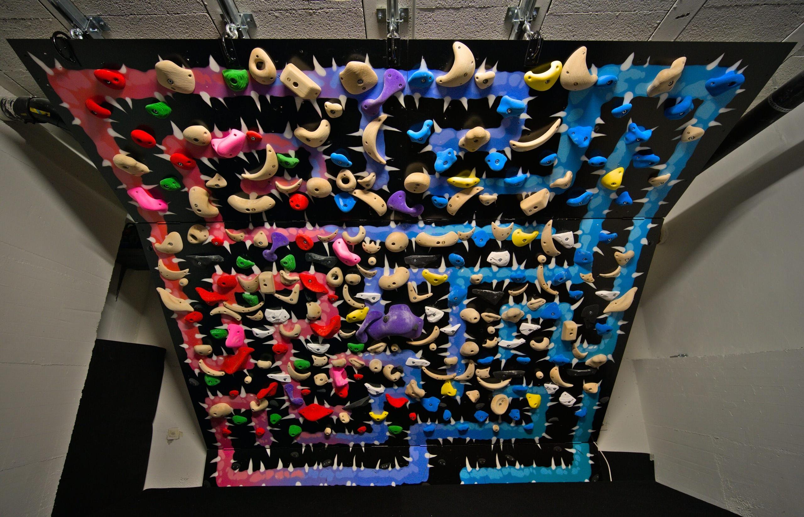 The custom-built bouldering wall in the basement of Alpiness coliving, featuring colorful holds and artwork by Kiwie.