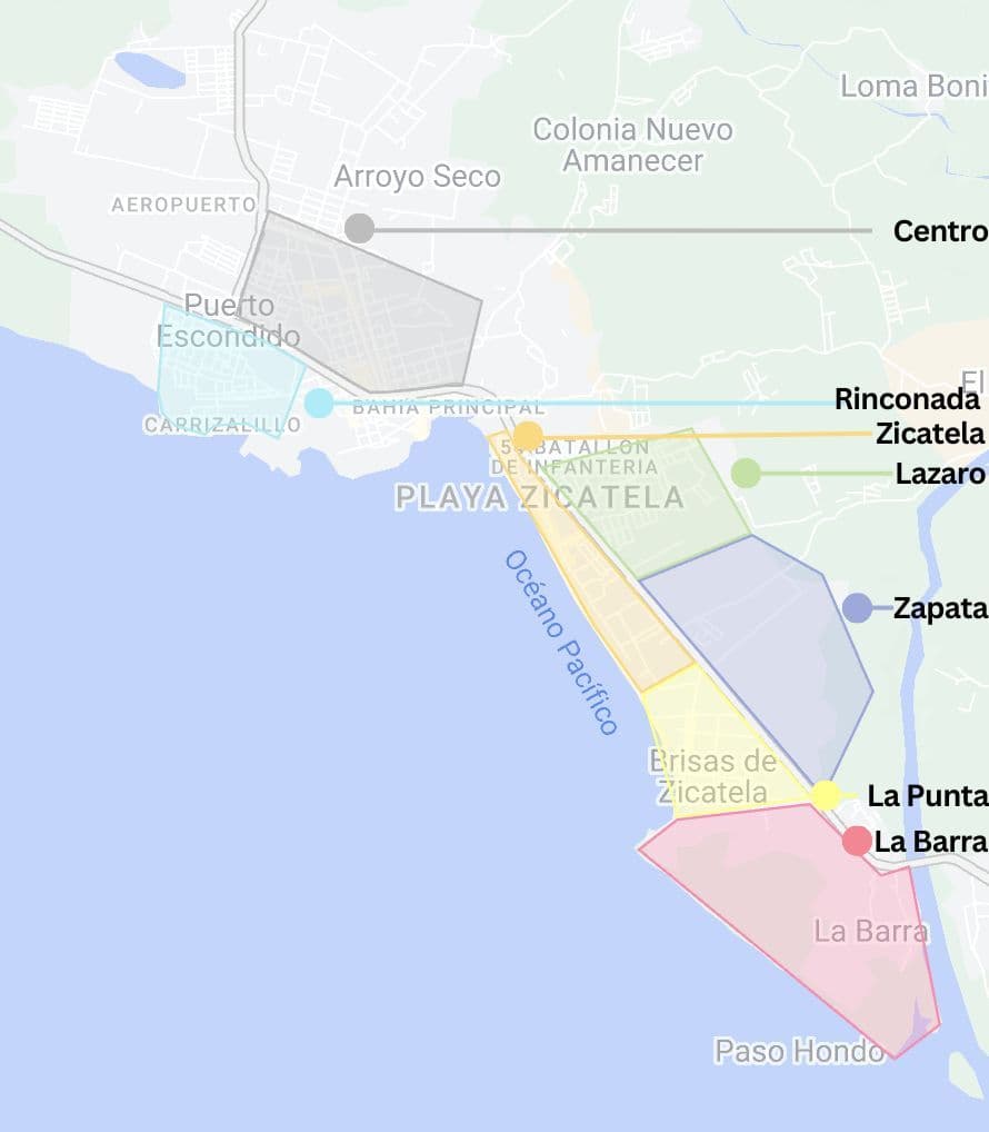 Colored map of neighborhoods in Puerto Escondido
