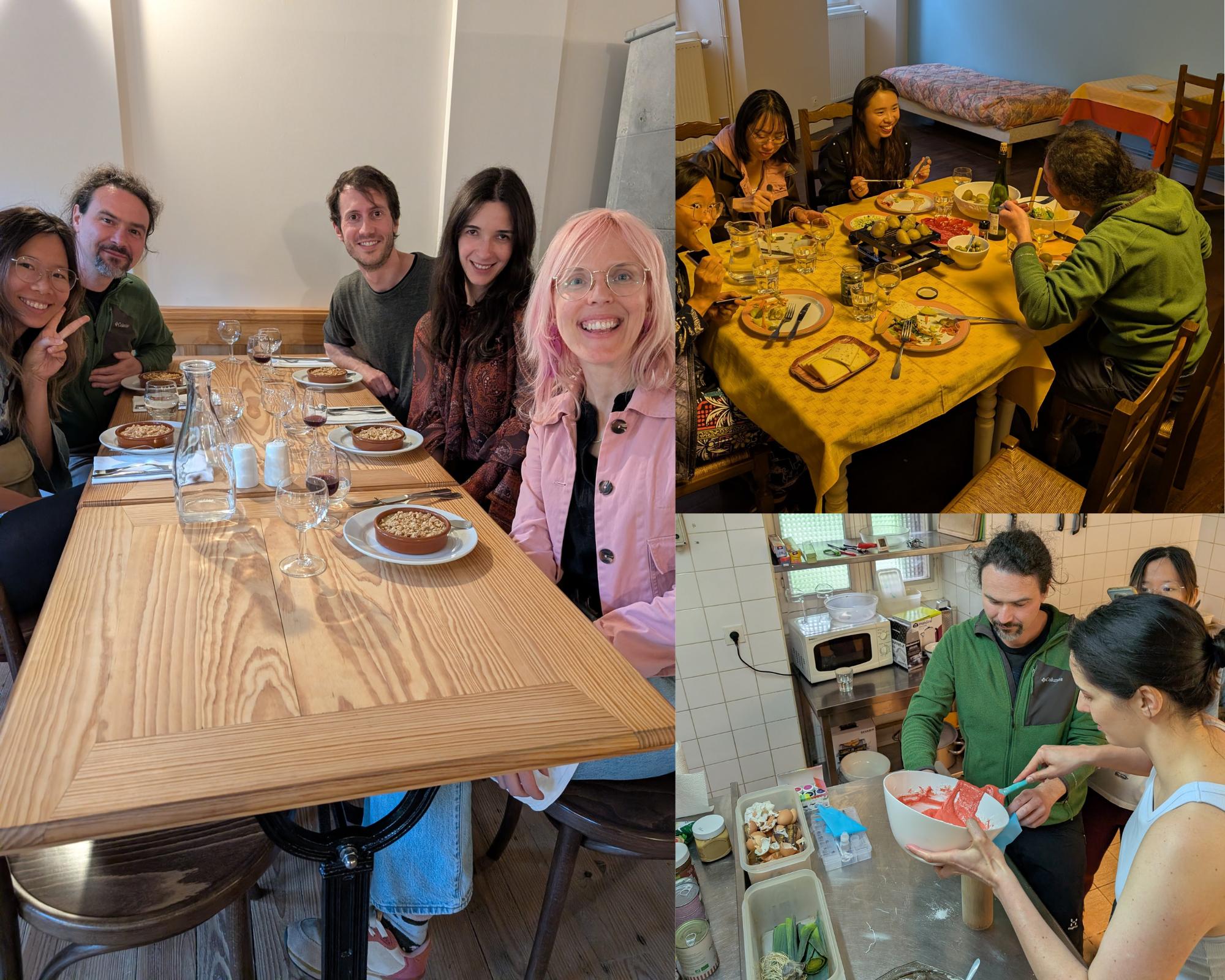 Collage of community members sharing meals together — group at a dining table, people eating together, and residents cooking in the kitchen