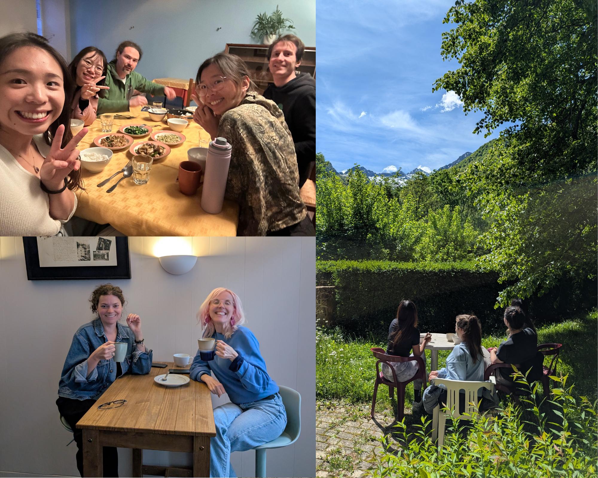 Collage of community moments: group selfie at a dinner table, mountain and garden view, two women having coffee, and residents relaxing in the garden