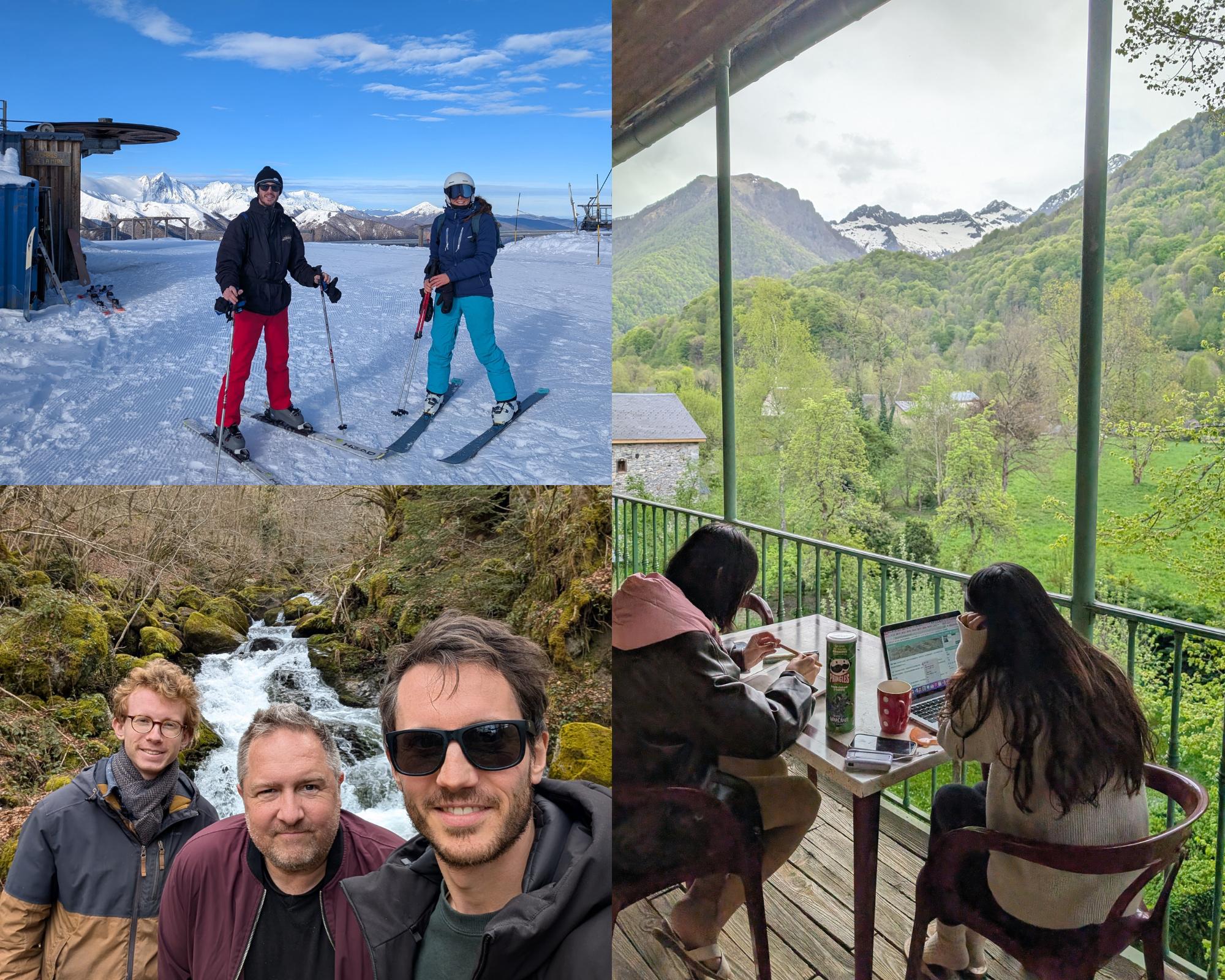 Collage of activities: two people skiing at a mountain ski station, two men posing by a waterfall, and two people working on laptops on a terrace with mountain views