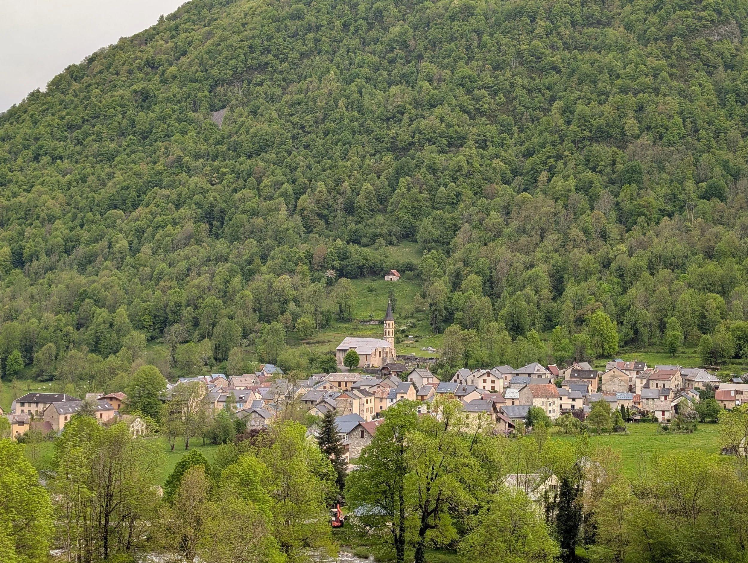 Aerial view of the village of Aulus-les-Bains nestled in the French Pyrenees mountains