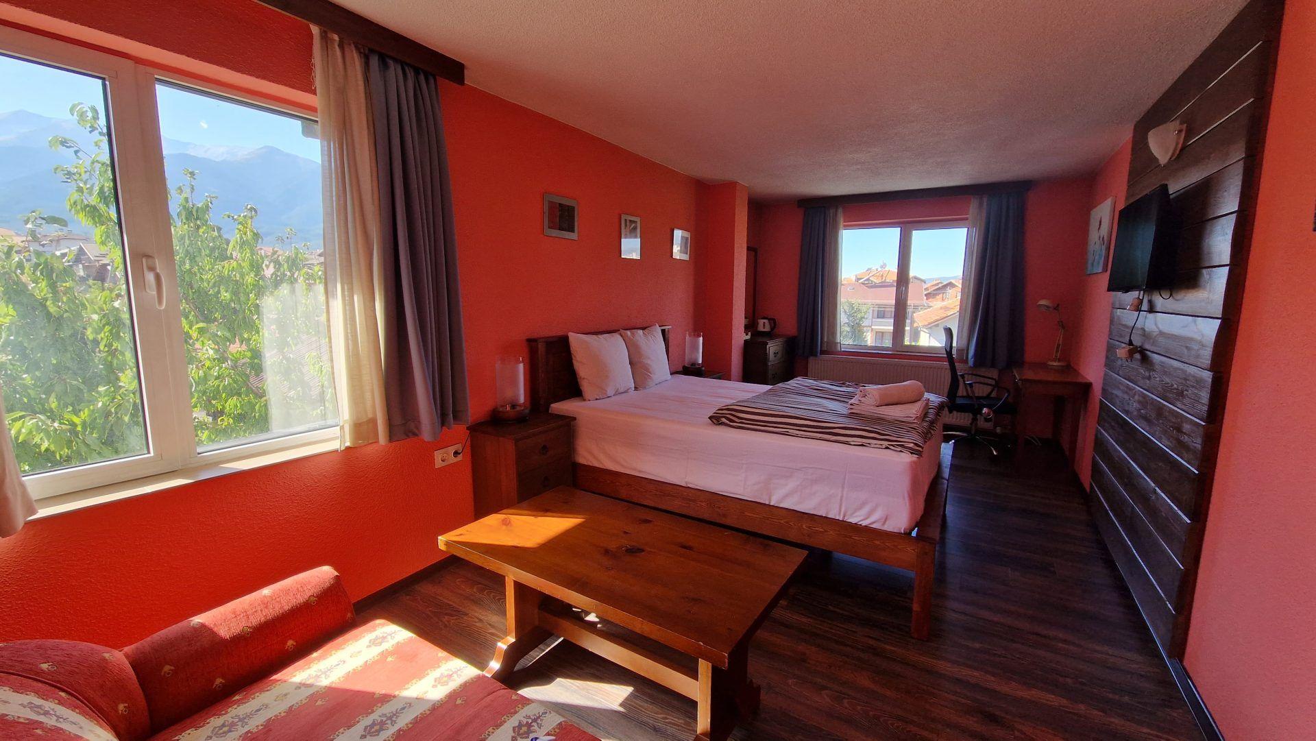 A bright single room with a double bed, sofa, desk, and large windows overlooking the mountains