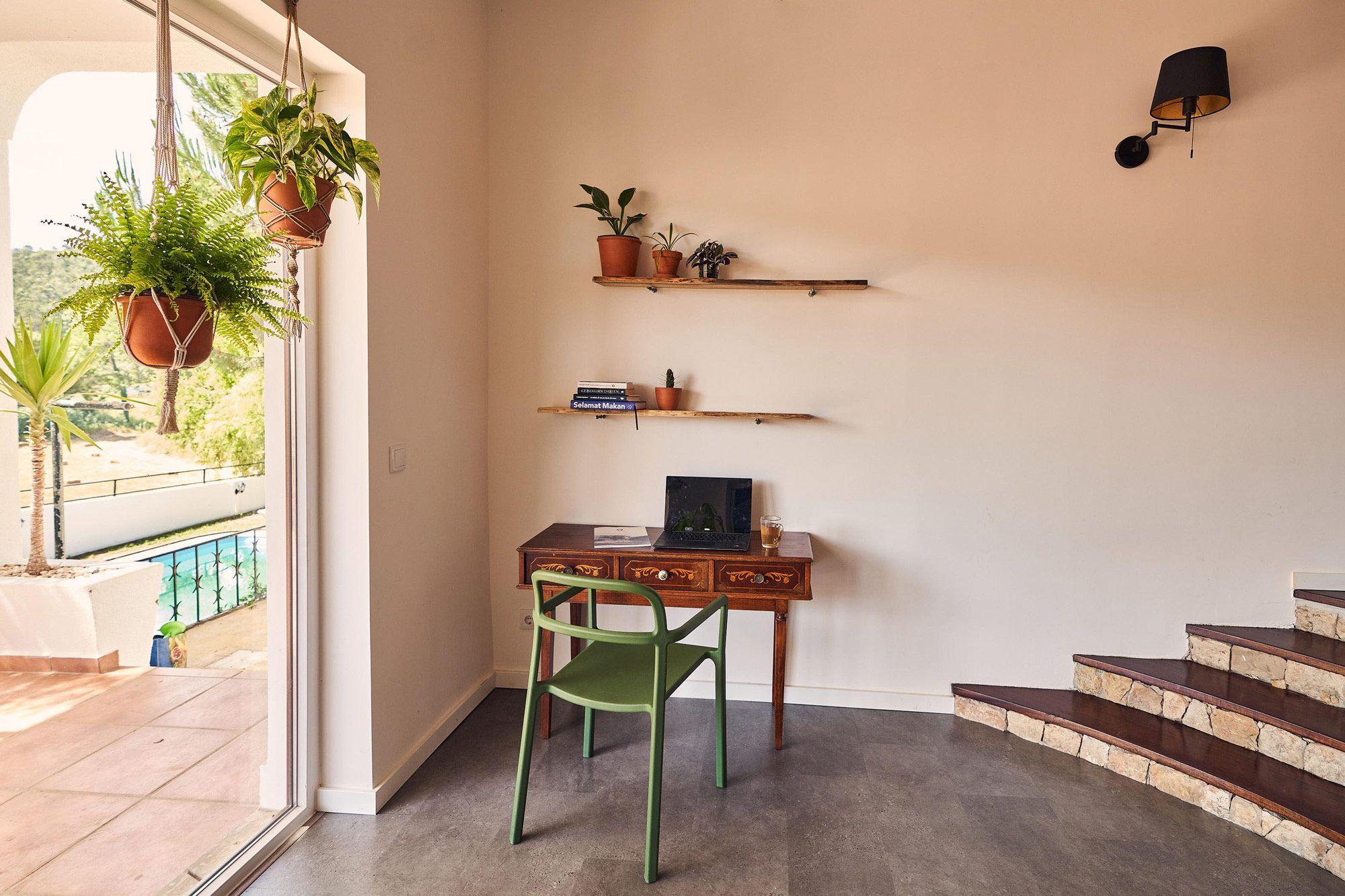 A communal desk in the coworking area