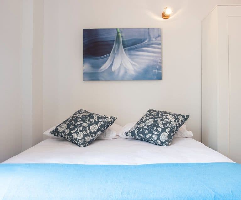 A bed with a blue bedding and a painting on the wall in one of the coliving rooms
