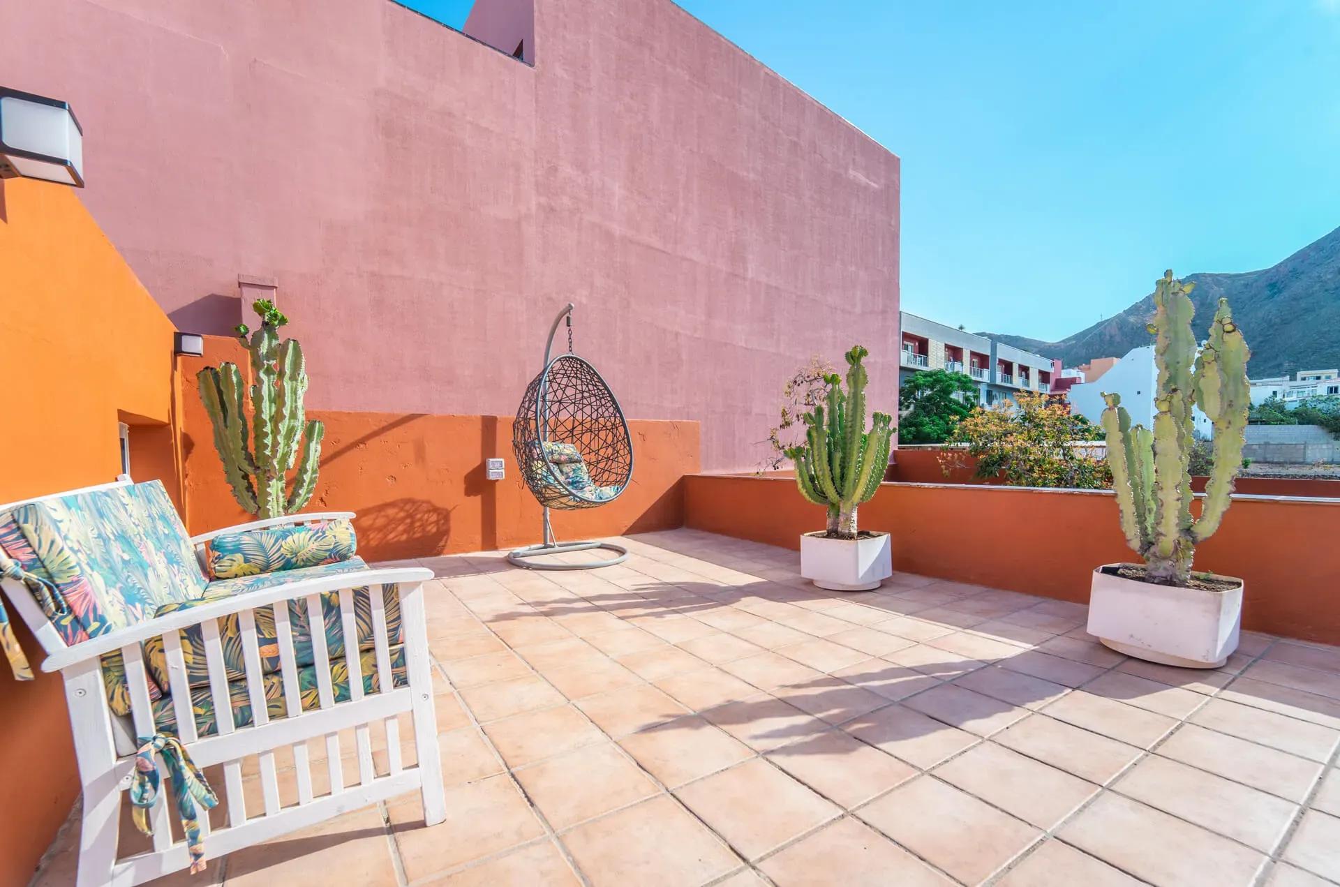 Rooftop terrace with seating area and cactus plants
