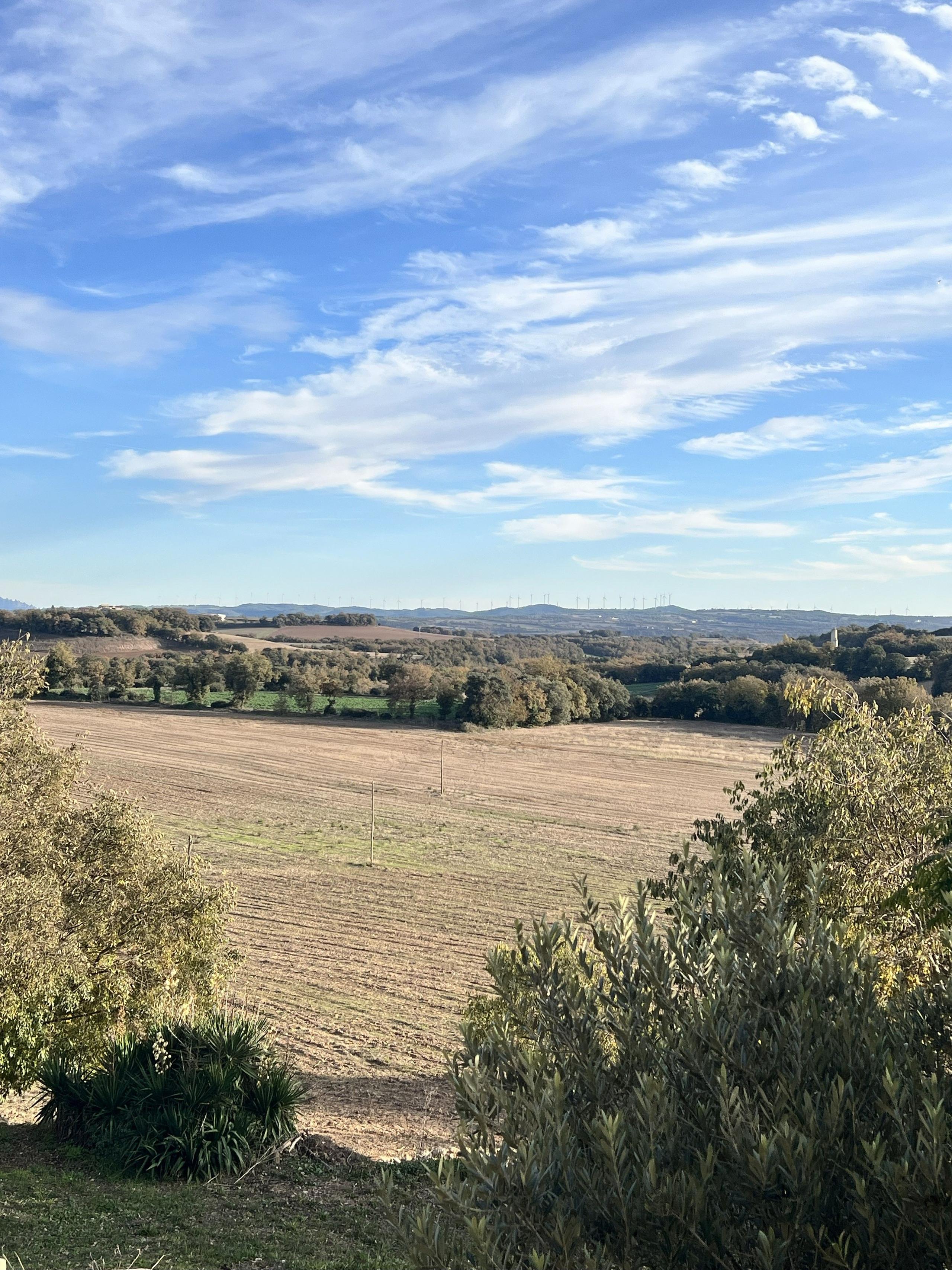 Wide countryside view of Catalonia's rolling fields and distant hills seen from Casa Pardal