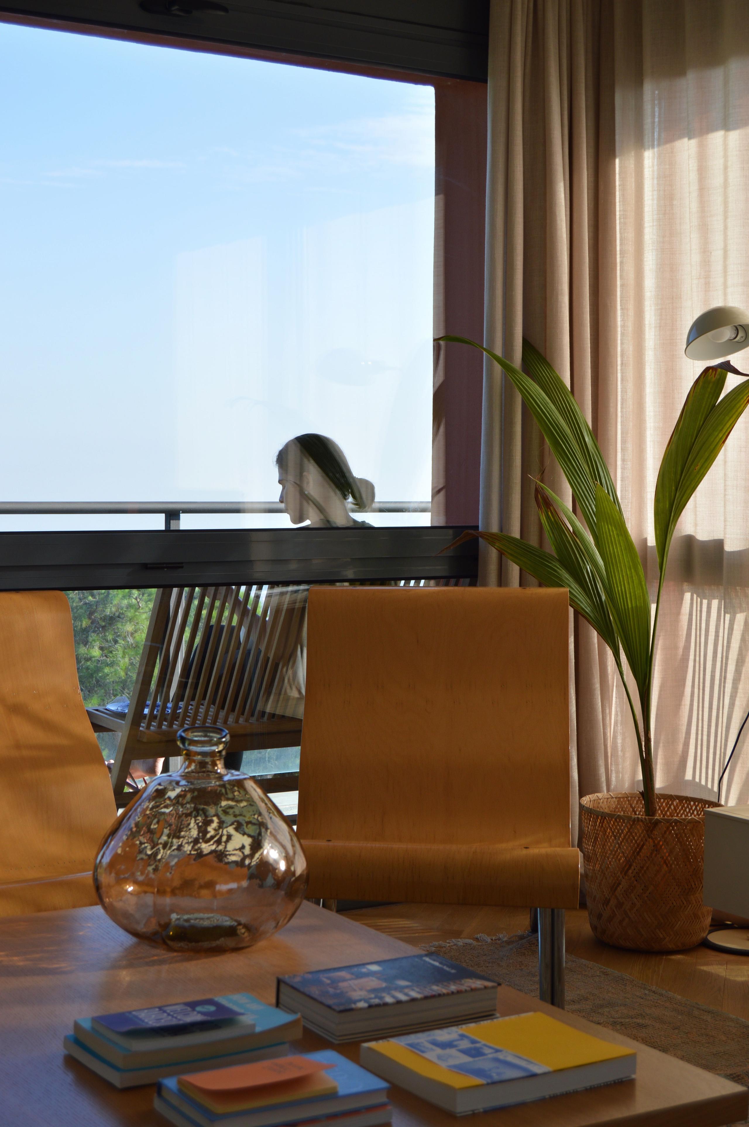 Cozy living room interior with a wooden coffee table, books, a glass vase, and a plant, with large windows overlooking the sea and a terrace.