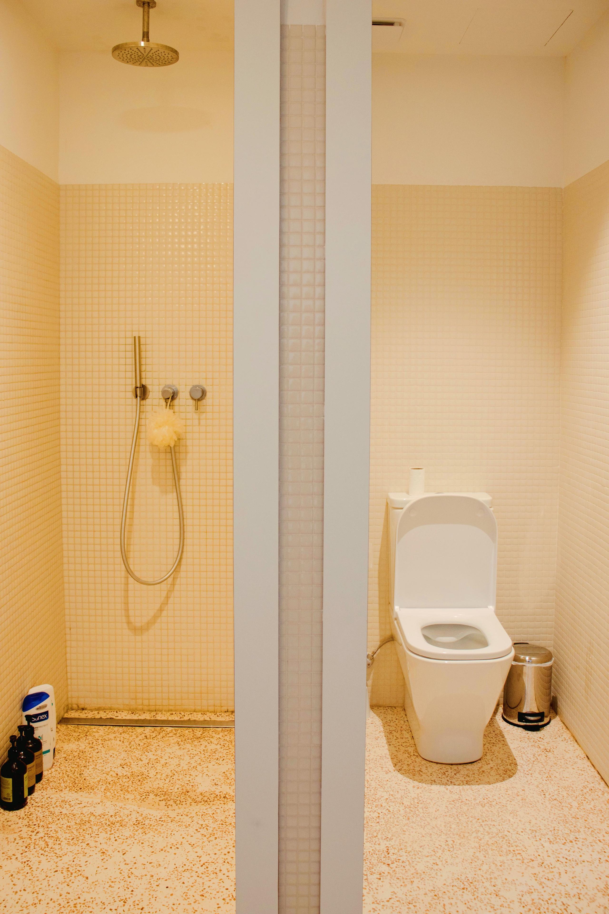 Shared in-room bathroom with a rain shower, toilet, and mosaic tile walls.