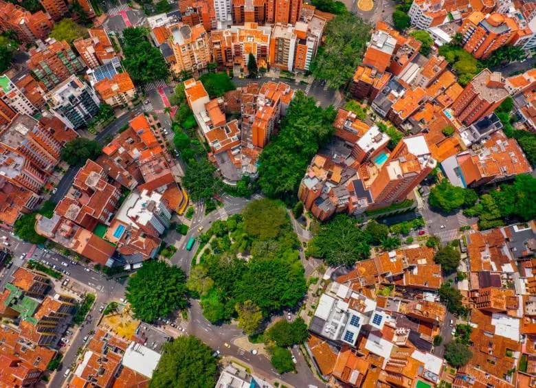 Aerial drone view of the Laureles neighborhood in Medellín, Colombia