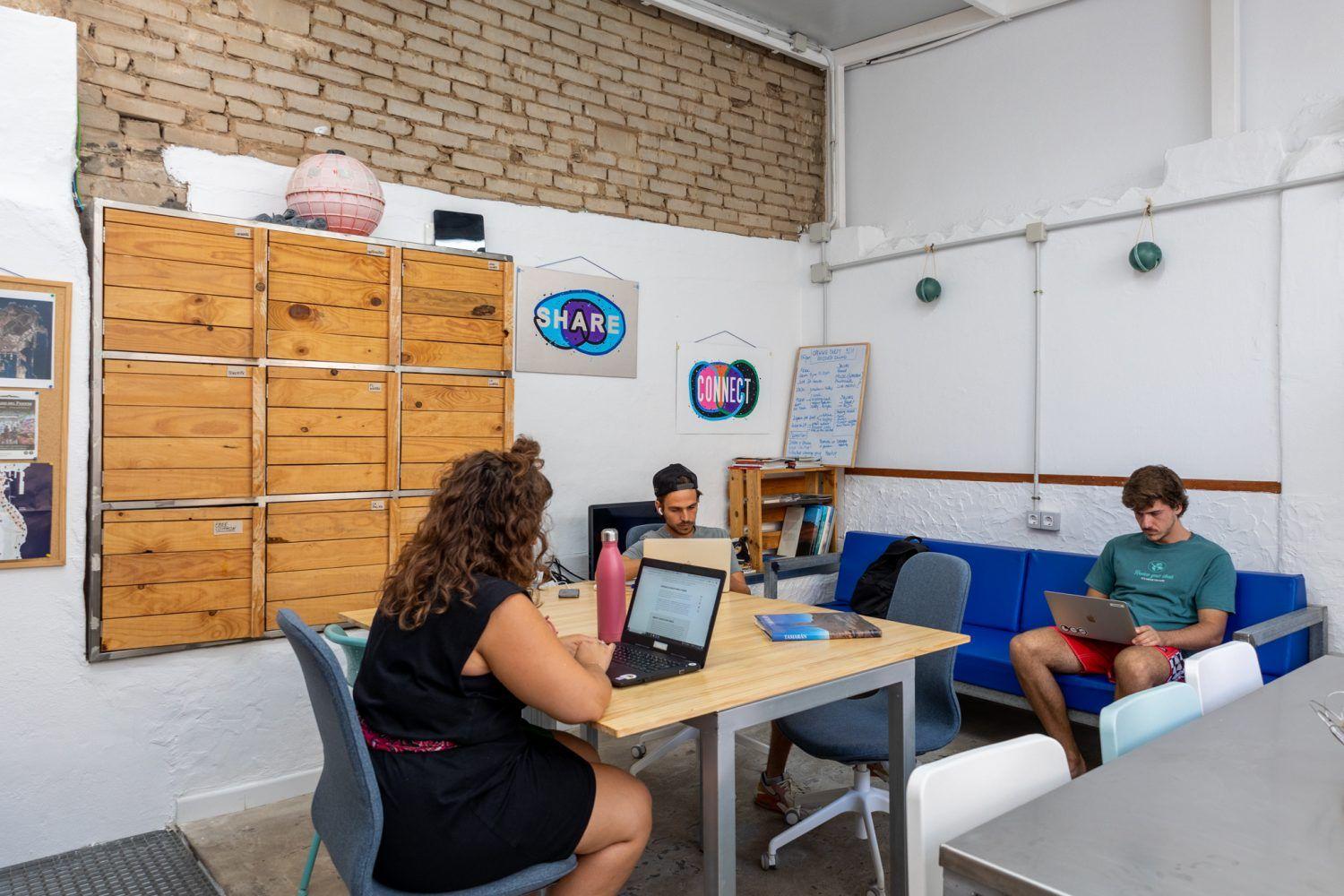 Remote workers working in the coworking area of EcoIsleta coliving in Las Palmas de Gran Canaria