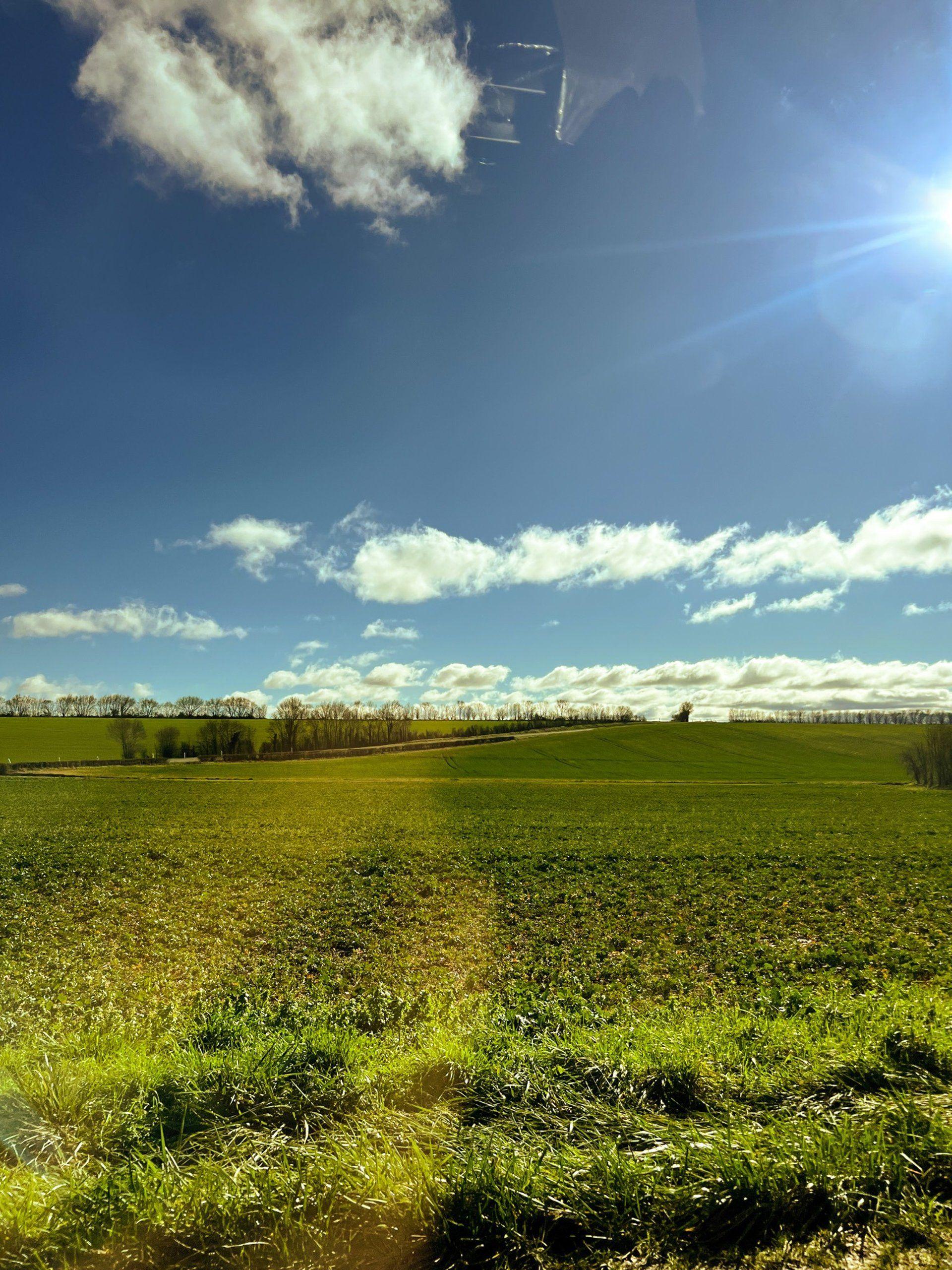 Vast green fields under a bright blue sky with scattered clouds — the French countryside surrounding Enchanted Coliving