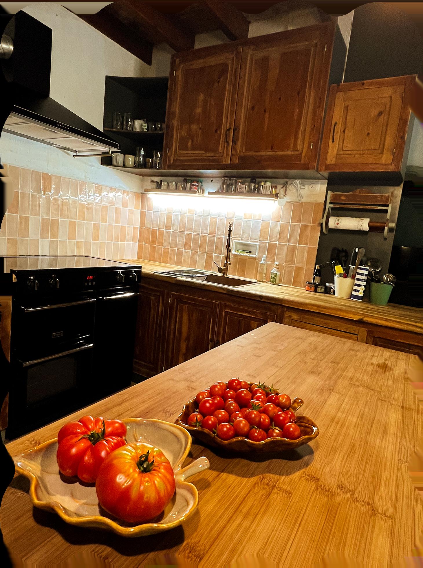 Kitchen counter with fresh tomatoes, wooden cabinets and tiled backsplash