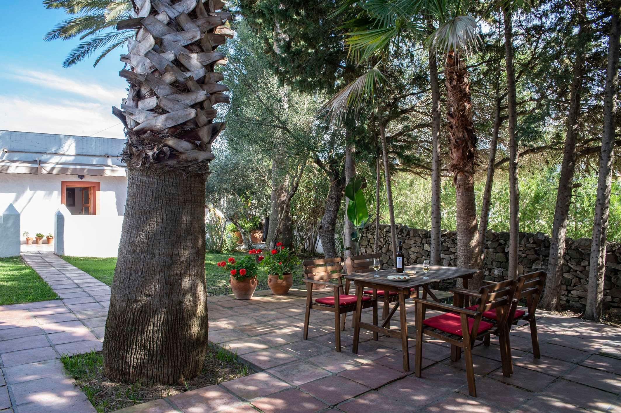 terrace with a wooden table and 4 chairs, lawn, flower pots and trees around it