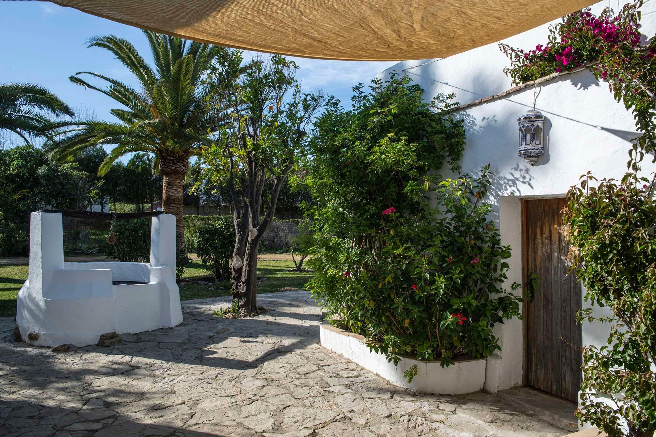 house with wooden door, well, plants and trees