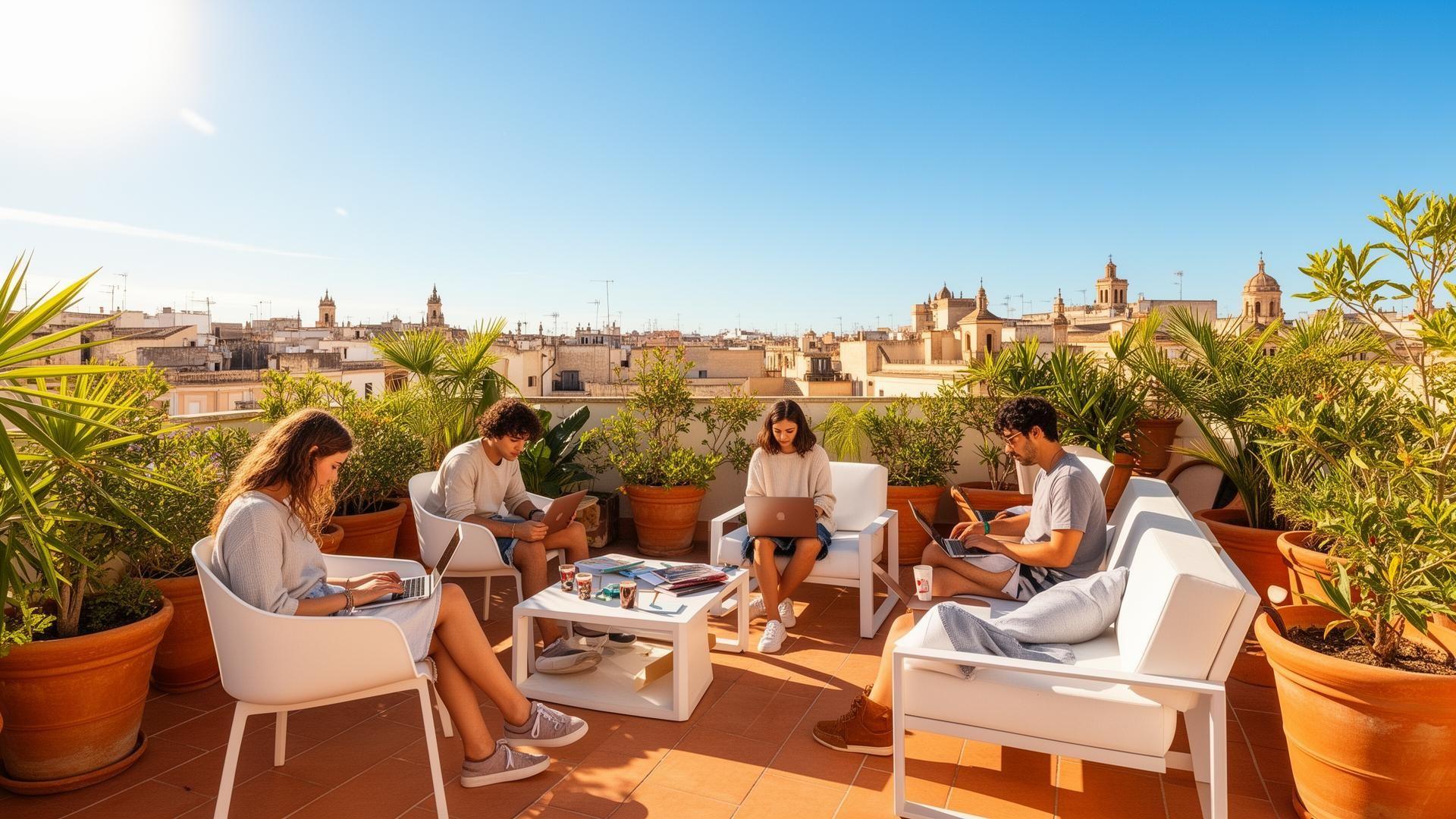 Digital nomads working on a sunny rooftop terrace in Valencia