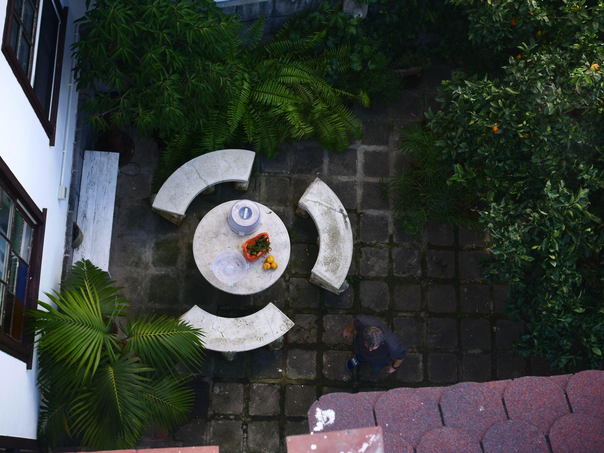 Aerial overhead view of the garden with a round stone table, curved benches, tropical plants and orange trees
