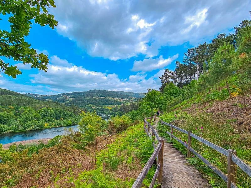 Scenic wooden boardwalk hiking trail along a river with lush green hills and forest in Galicia