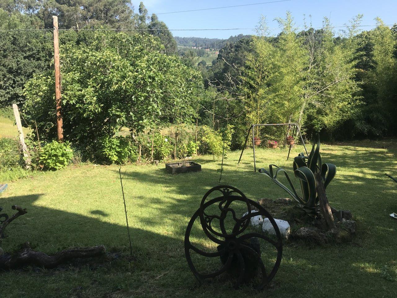 Lush garden area with vegetable beds, lawn, bamboo trees and views of the surrounding Galician countryside