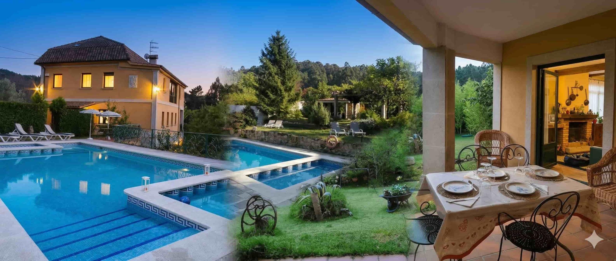 Composite photo showing the outdoor swimming pool illuminated at dusk, the garden, and the outdoor dining terrace with the coliving building in the background