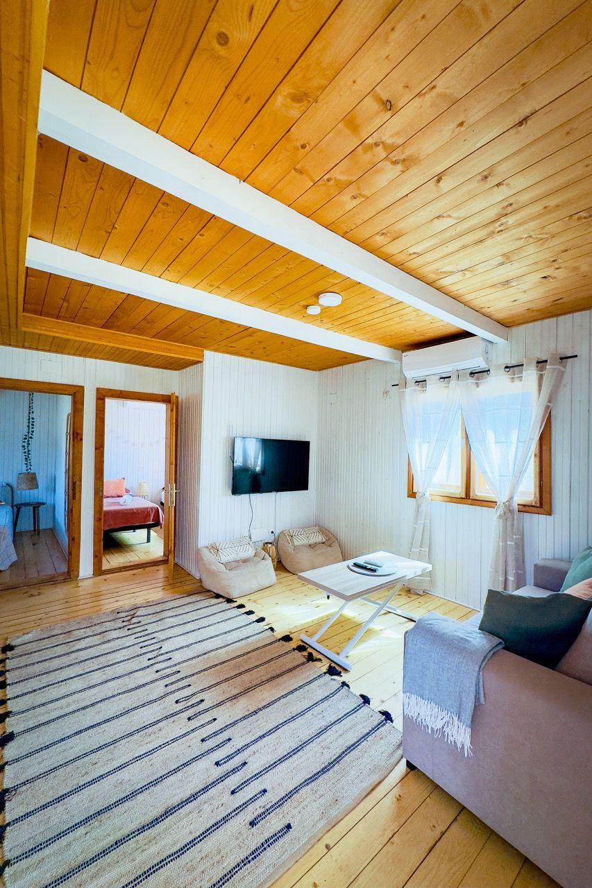 Cozy living room in a cabin with TV, sofa and striped rug