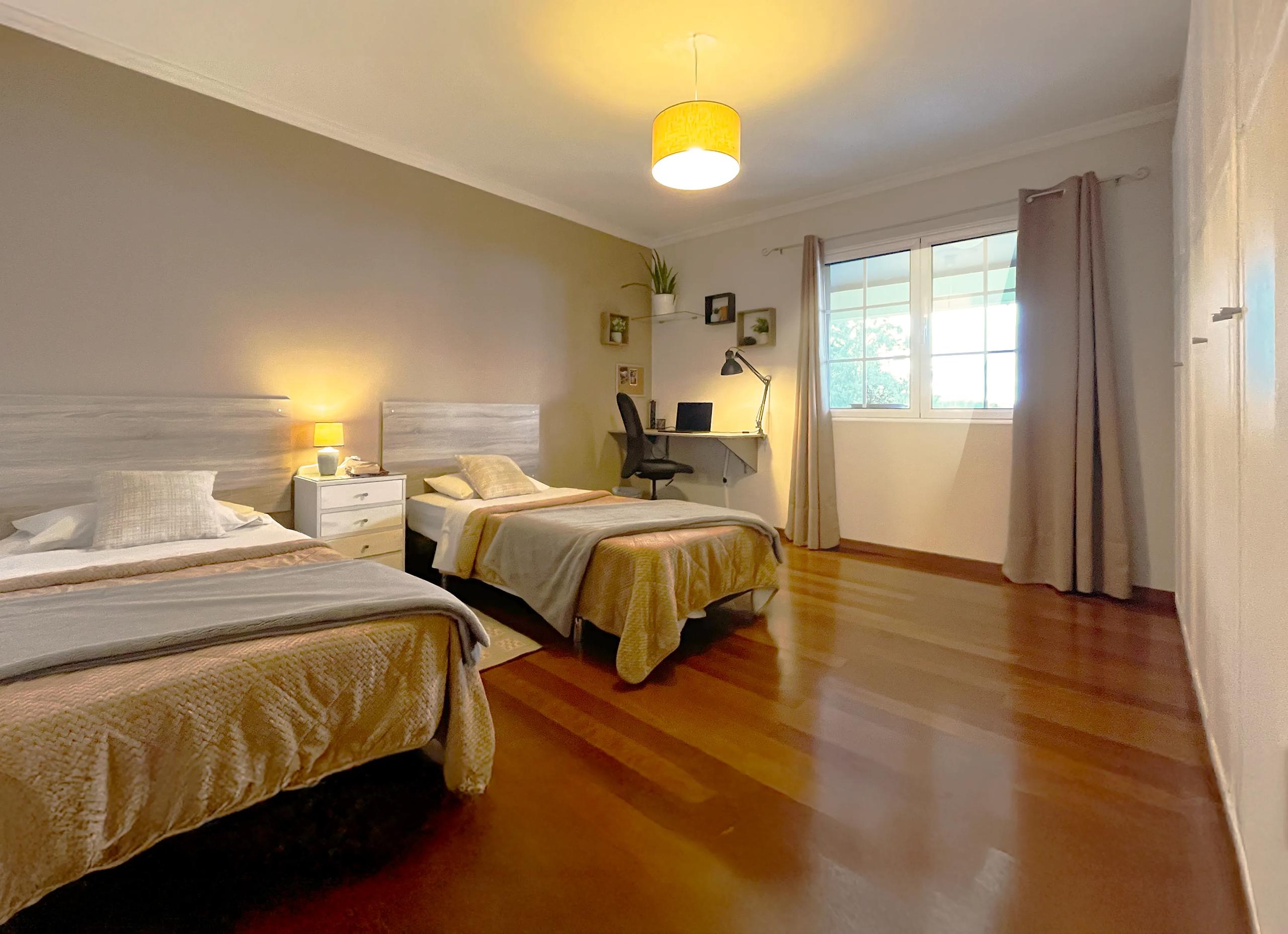 Well-lit twin room with two separate beds and desk in Room 08 Protea