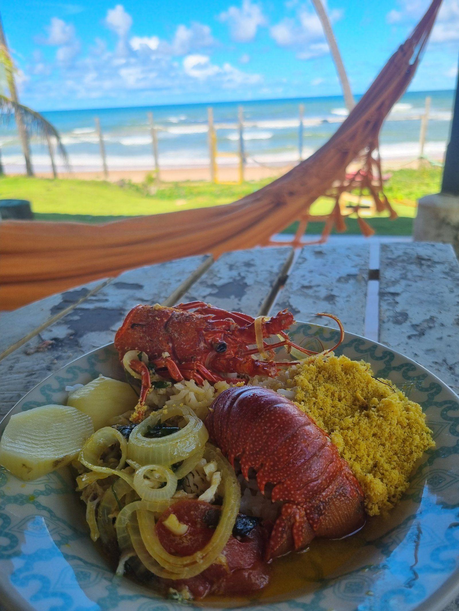 A plate of lobster with sides served on the terrace, with a hammock and beach view in the background.