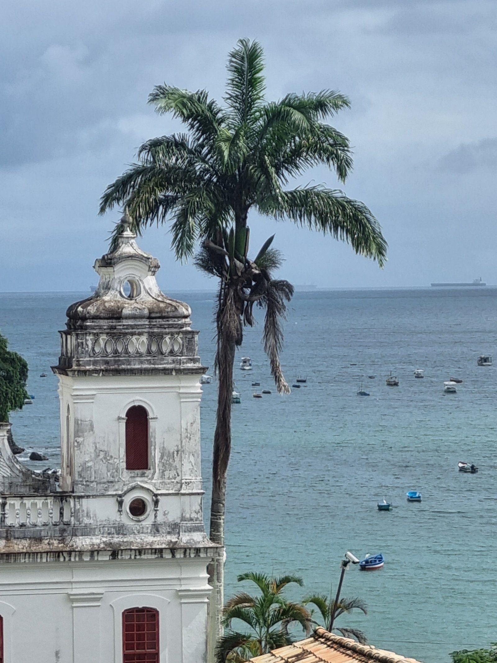 View of a historic church tower in Salvador with palm trees and the bay with boats in the background.