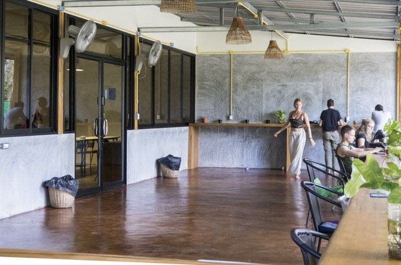 Open indoor area with cafe counter, members working and socializing