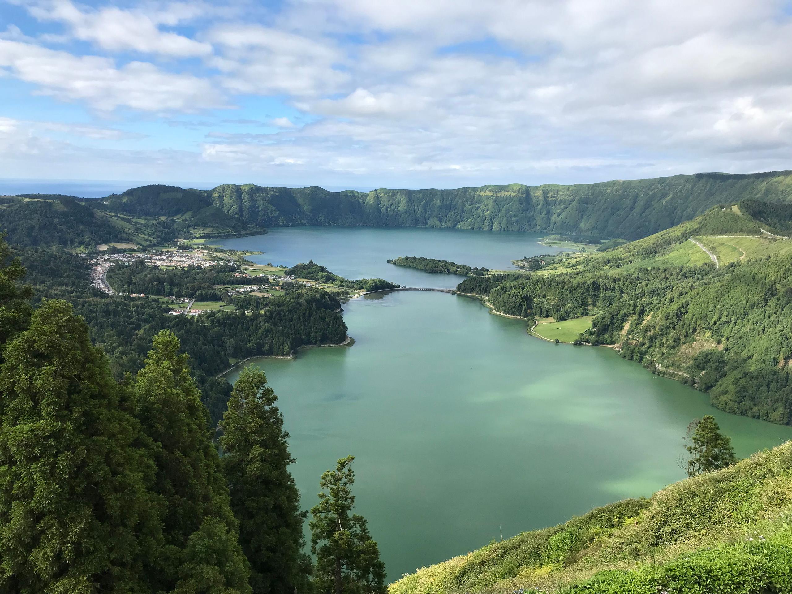 Aerial view of the Sete Cidades twin crater lakes in São Miguel, Azores