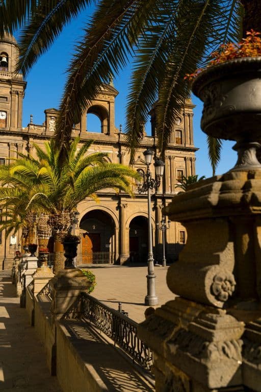 Santa Ana Cathedral square in Las Palmas de Gran Canaria with palm trees