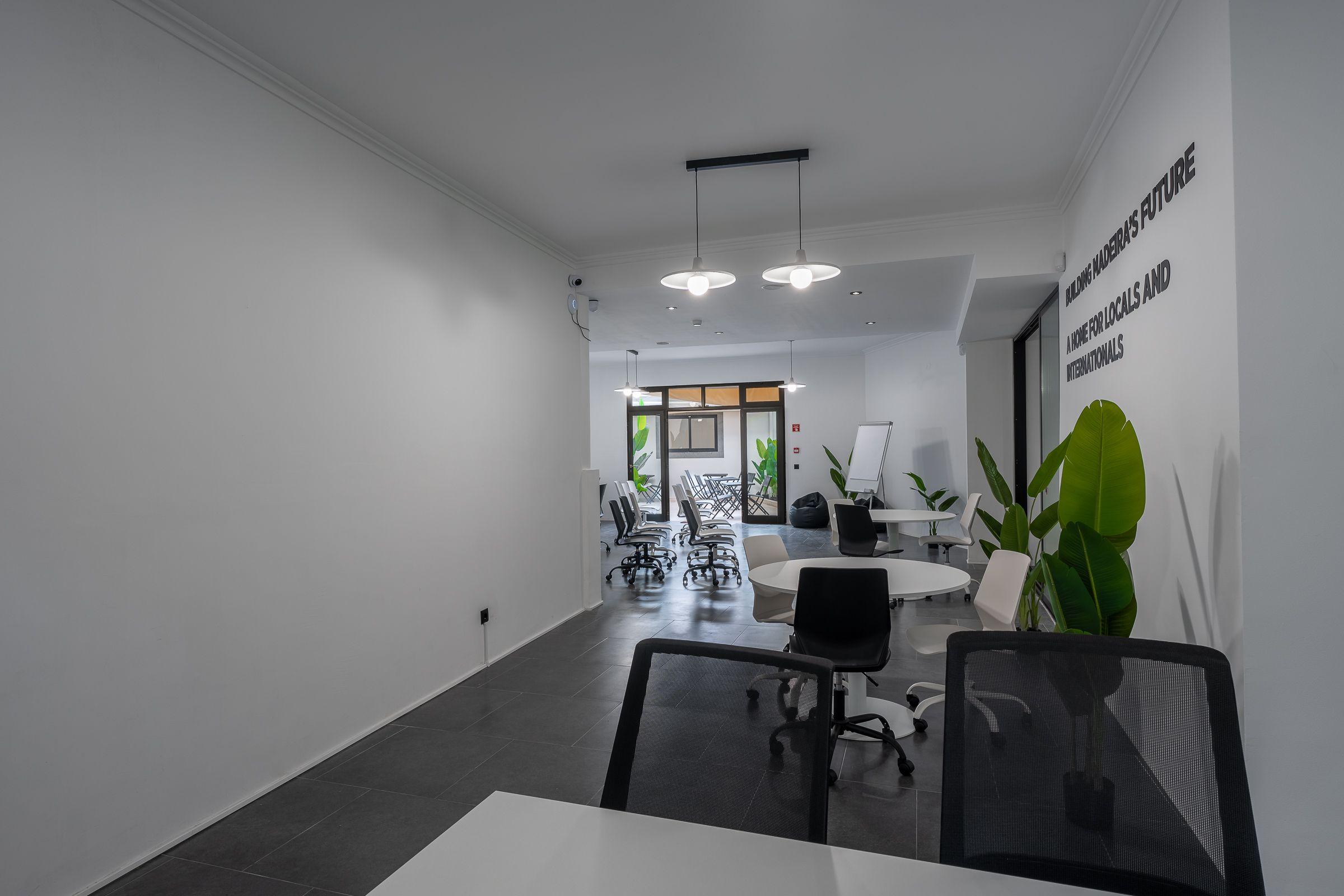 Open coworking space at Madeira Friends Hub with desks, chairs, plants, and pendant lighting