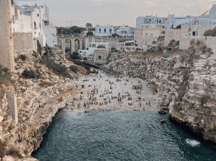 Cliff beach at Polignano a Mare, near Masseria Olga coliving in Puglia