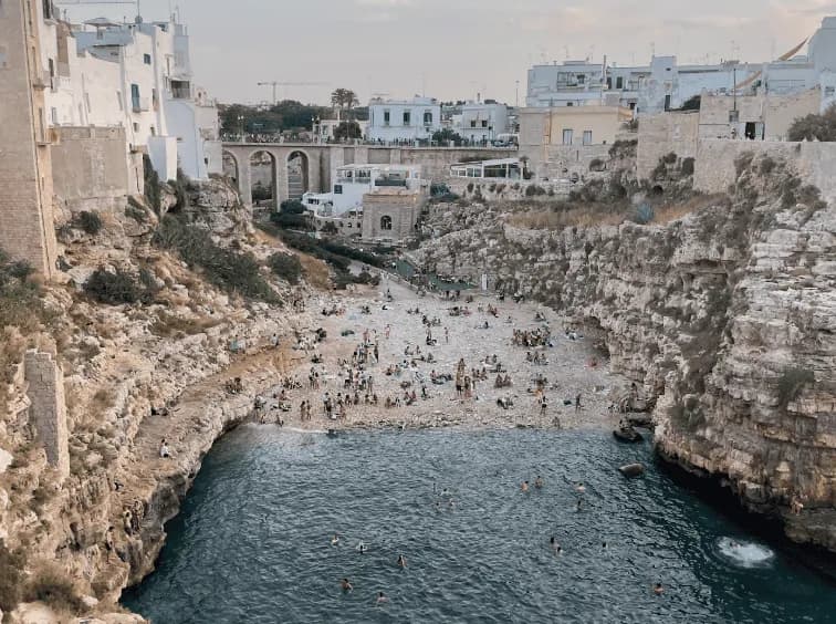 Cliff beach at Polignano a Mare, near Masseria Olga coliving in Puglia