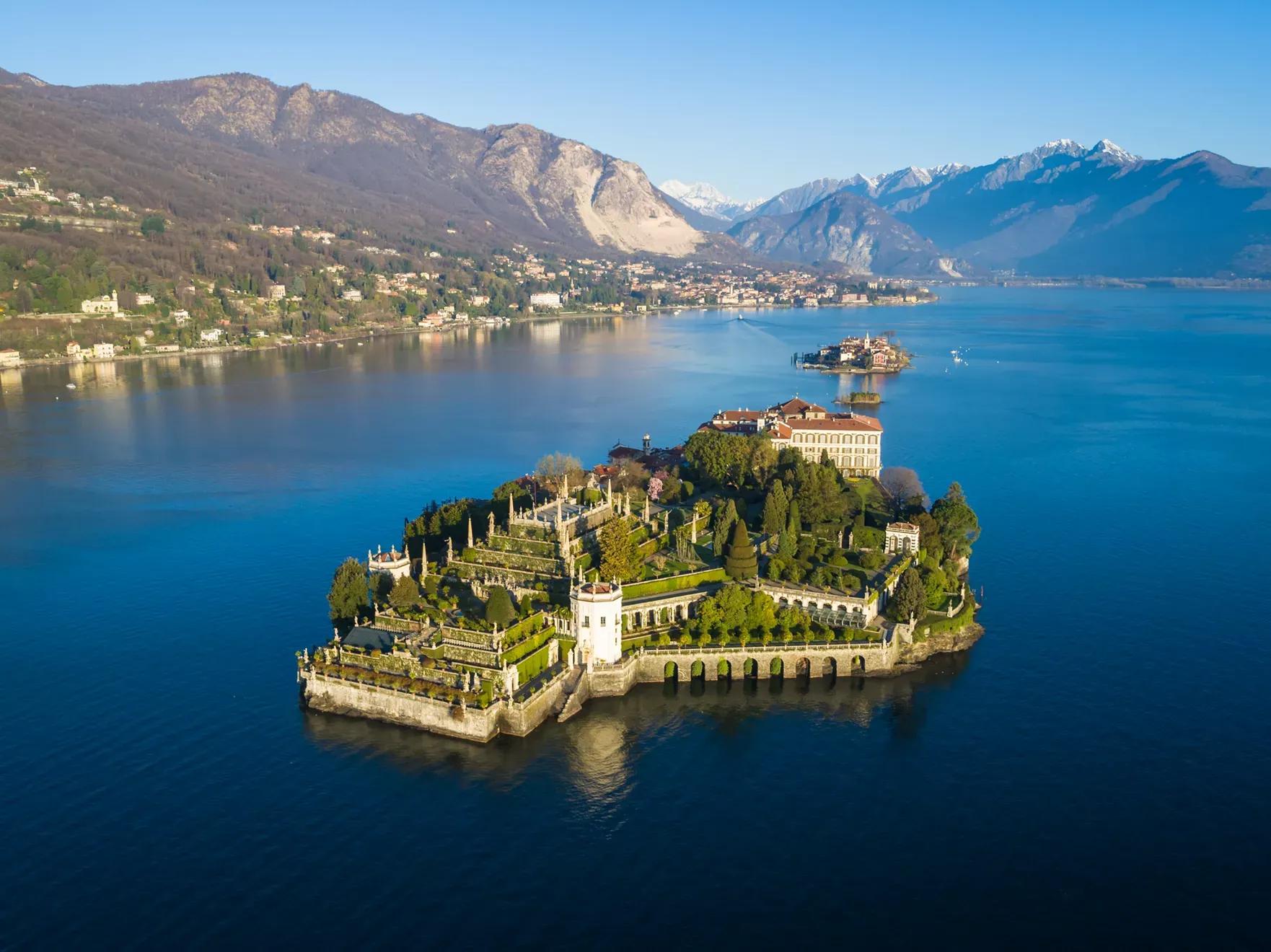 Aerial view of Isola Bella, one of the famous Borromean Islands on Lago Maggiore, known for its Palazzo Borromeo and Italian gardens