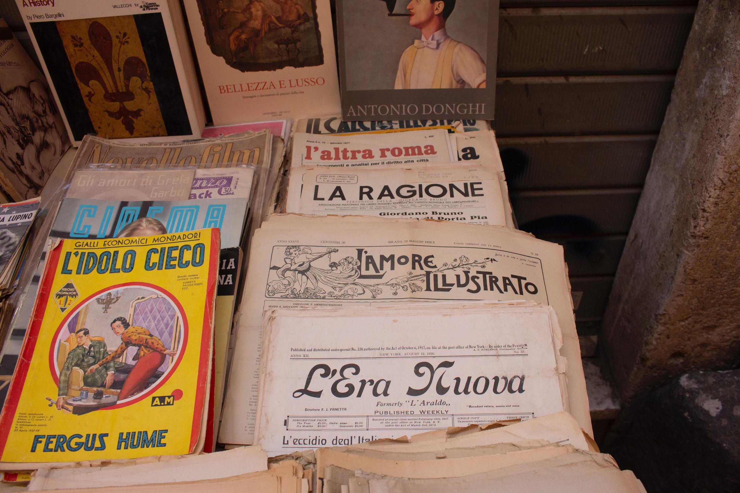 Collection of vintage Italian magazines and newspapers, illustrating Italian language and culture immersion