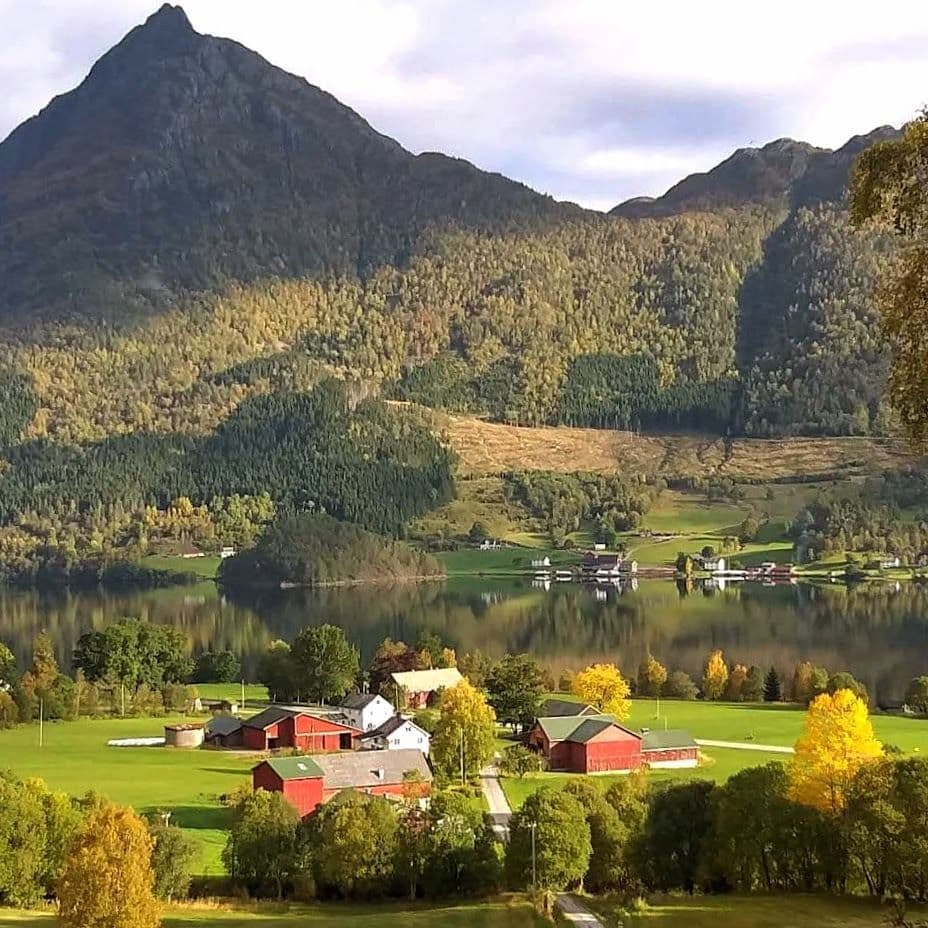 The valley of Bjørkedal surrounded by majestic mountains