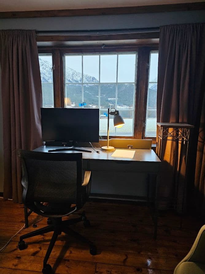 Blue Room desk with external screen setup