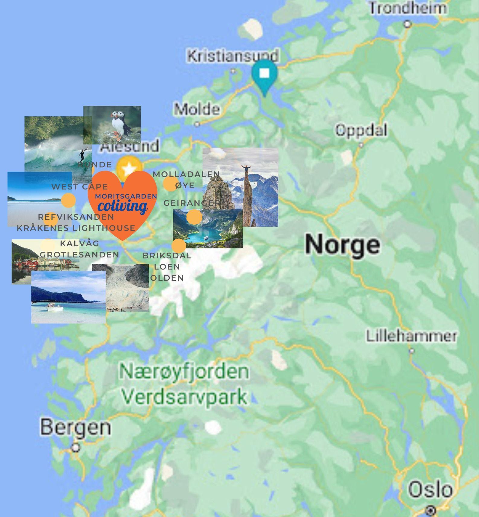 Map or scenic view of the northwest coast of Norway to explore from Moritsgarden