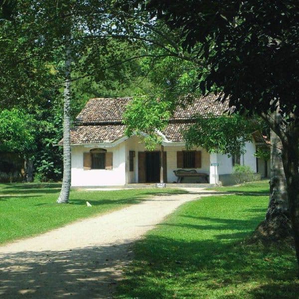 Exterior view of the Martin Wickramasinghe Folk Museum in Koggala, showcasing traditional Sri Lankan architecture and surroundings.