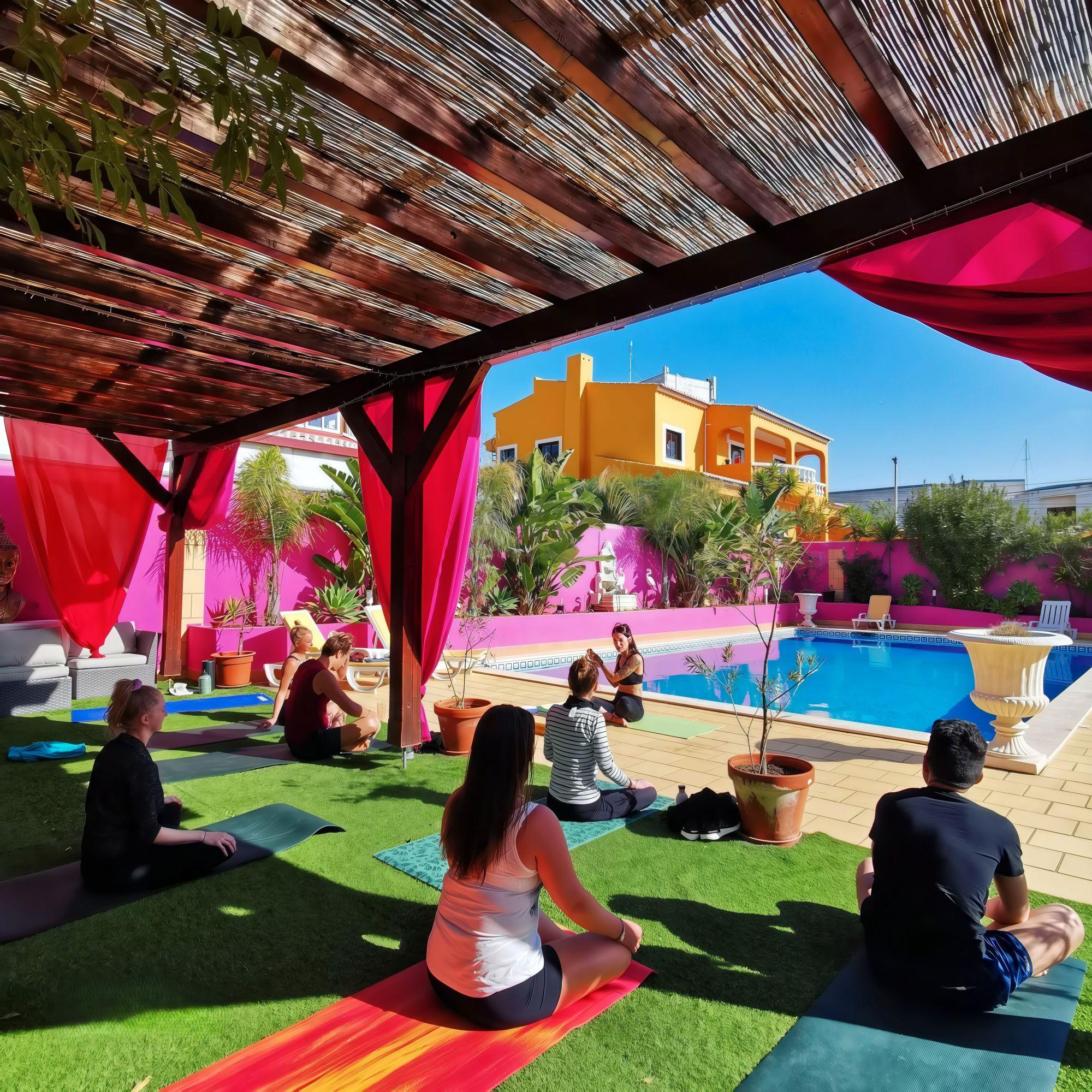 Regular yoga sessions at Noma Village coliving Lagos Portugal with poolside terrace