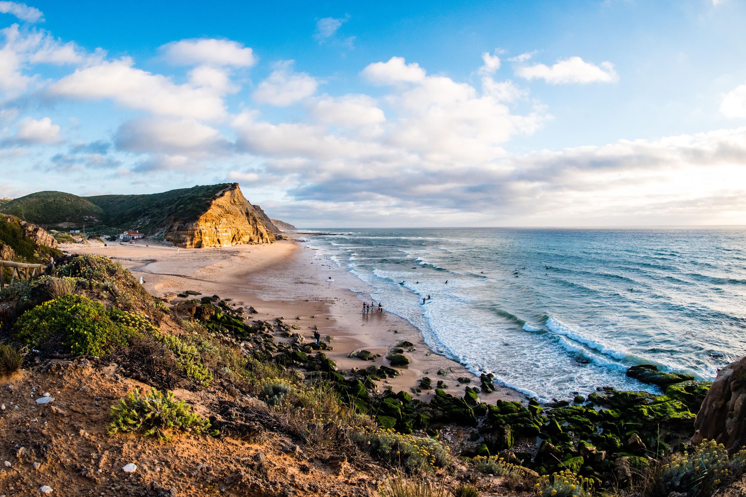Panoramic view of Foz do Lizandro beach near Ericeira with cliffs and ocean