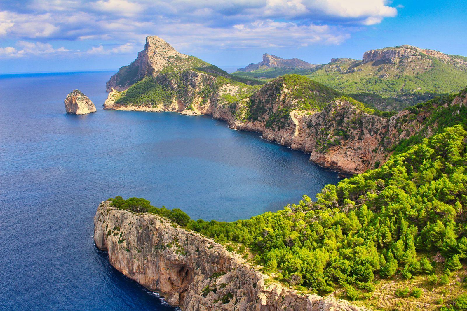 Aerial view of Cap de Formentor with dramatic cliffs and turquoise sea in Mallorca
