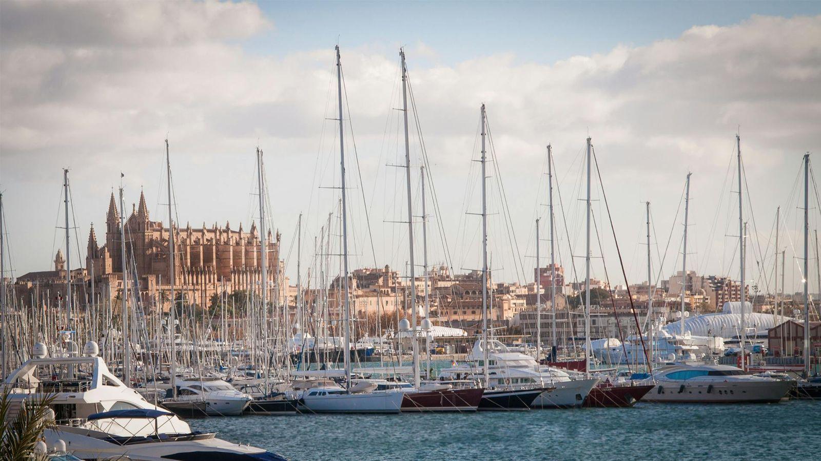 Palma de Mallorca marina with sailboats and the cathedral in the background