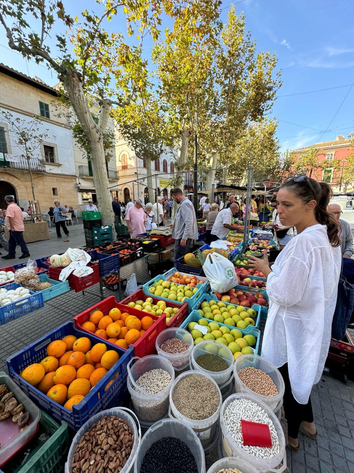 Guest browsing a local outdoor market with fresh produce in Mallorca