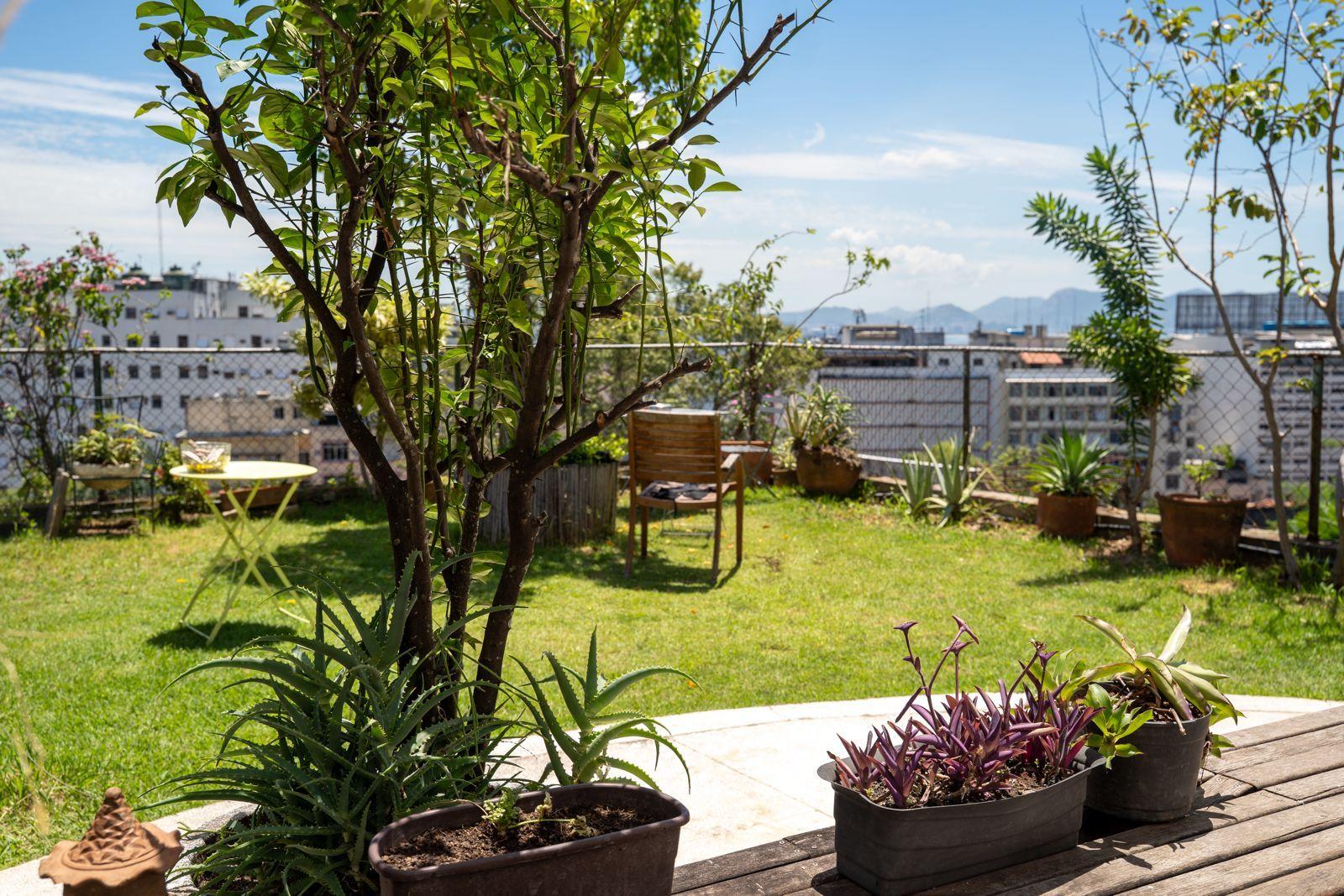 Lush rooftop garden with green lawn, potted plants, trees, and city views in the background