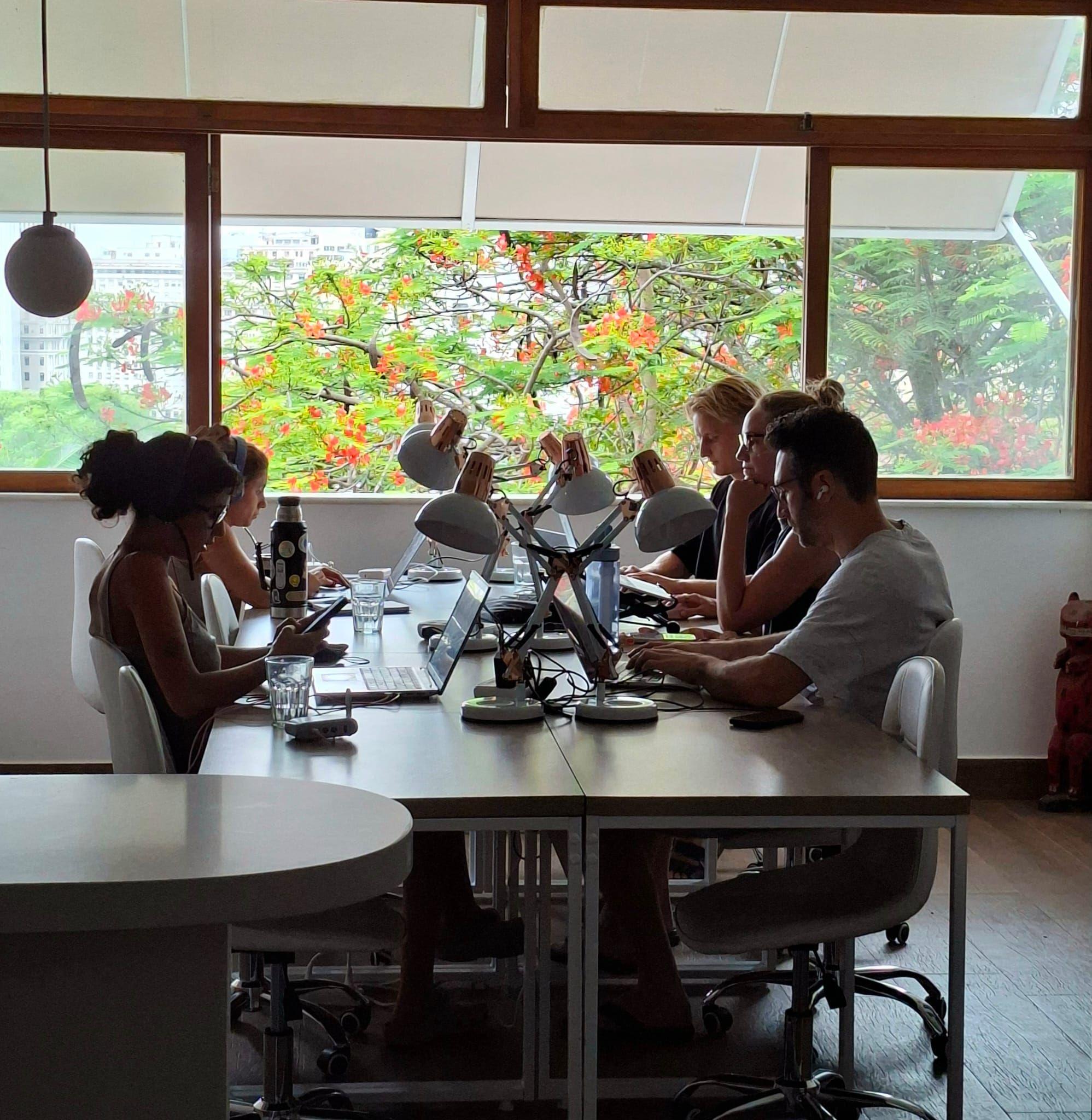 Guests working at the coworking space with a large table, desk lamps, and a view of a blossoming tree through the windows
