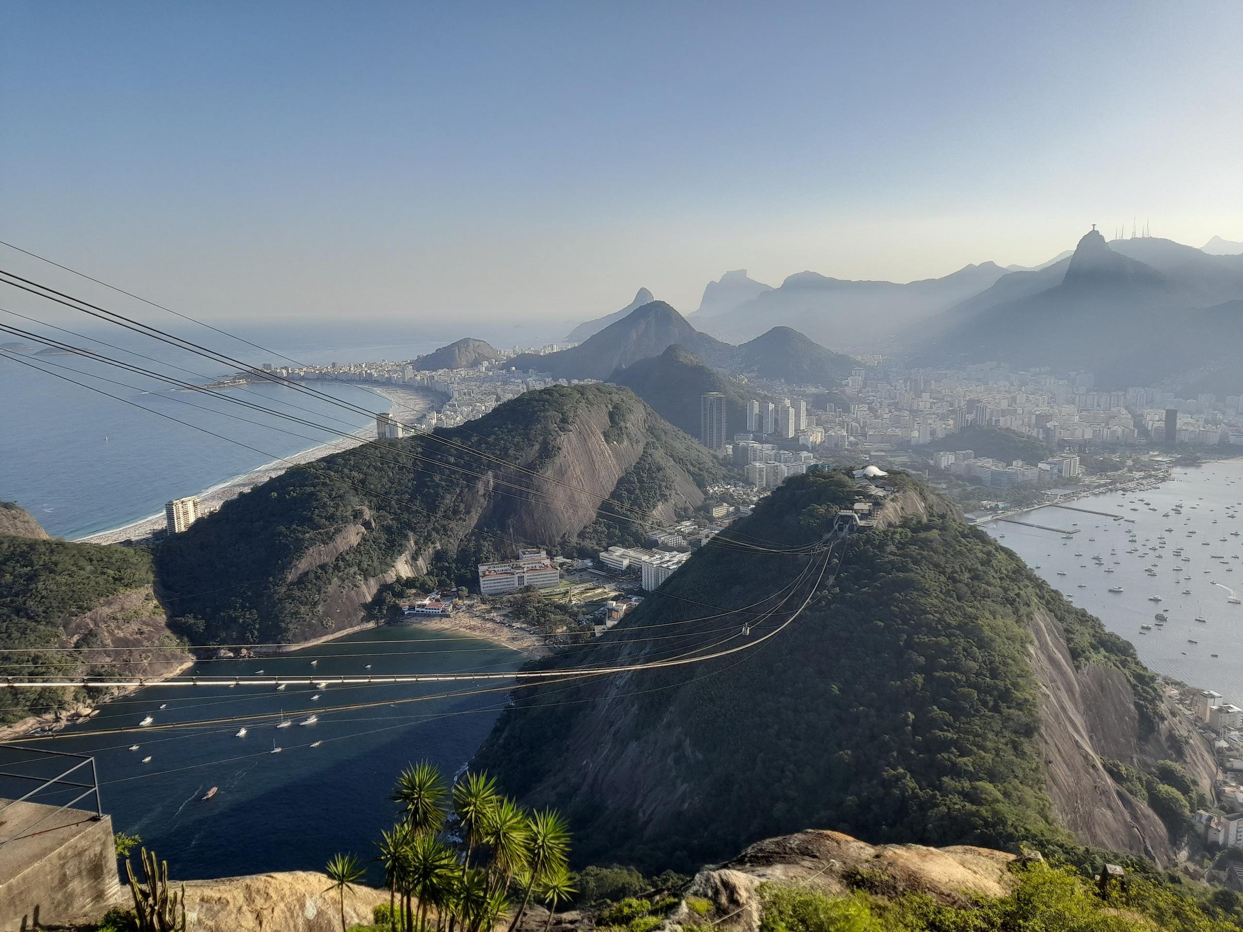 Aerial panoramic view of Rio de Janeiro from Sugarloaf Mountain, showing Copacabana beach, mountains, and the bay