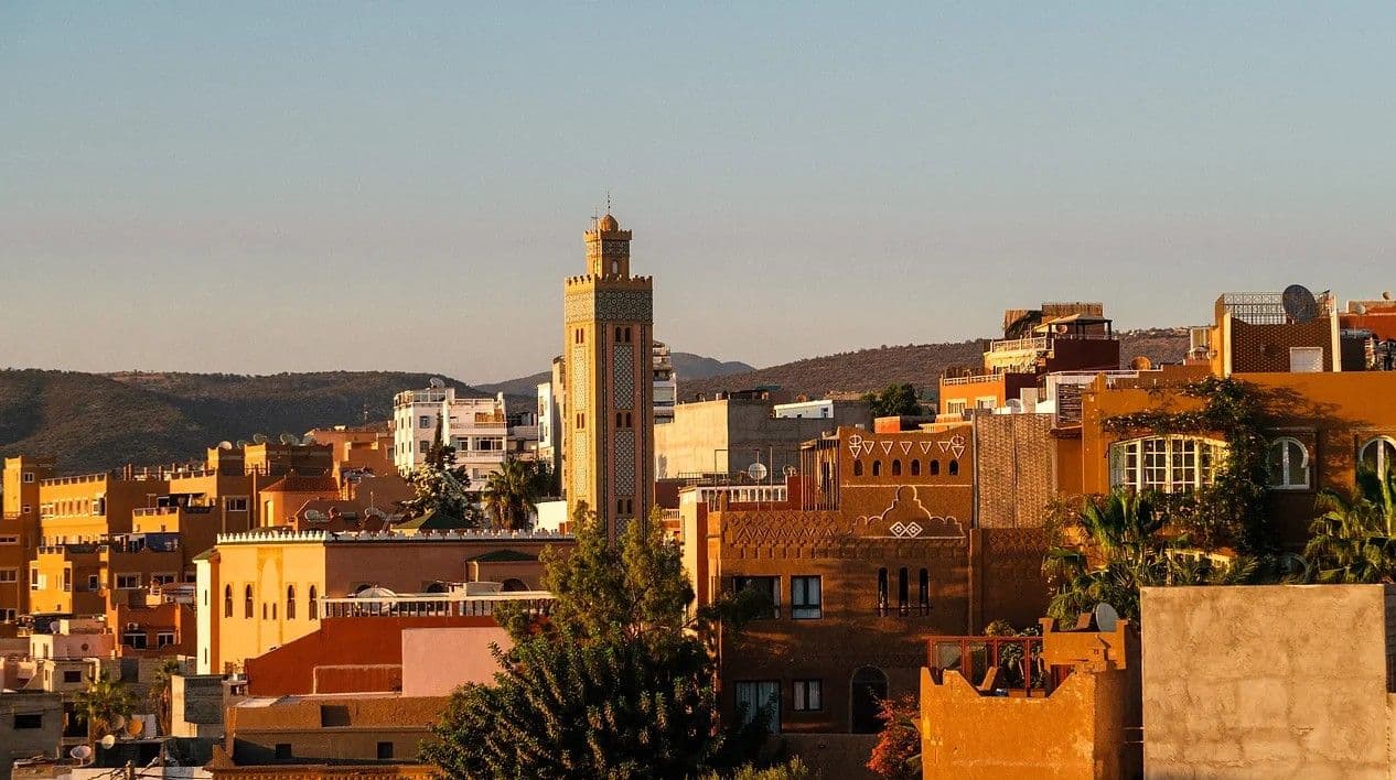 Panoramic view of Tamraght village with mosque minaret and surrounding landscape