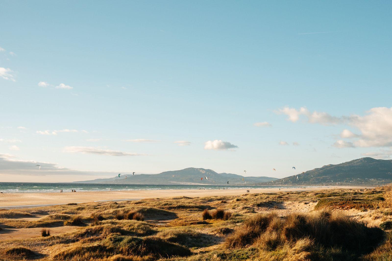 Wide sandy beach at Tarifa with kitesurfers in the sky and dunes in the foreground